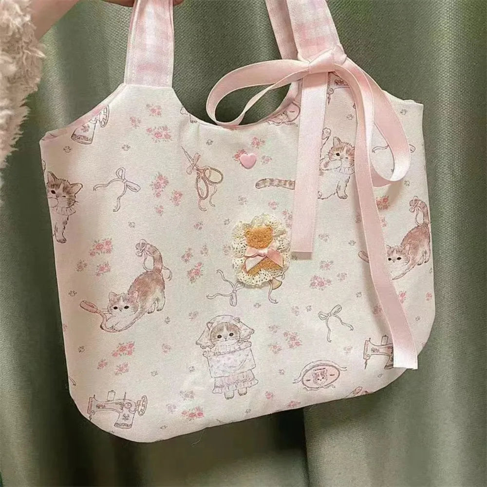 Charming Little Cat Print Canvas Tote Bag for Women