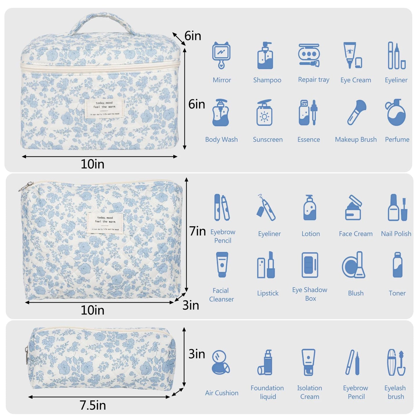 Cute Quilted Cotton Makeup Bag - Portable Zipper Cosmetic Organizer for Women and Girls
