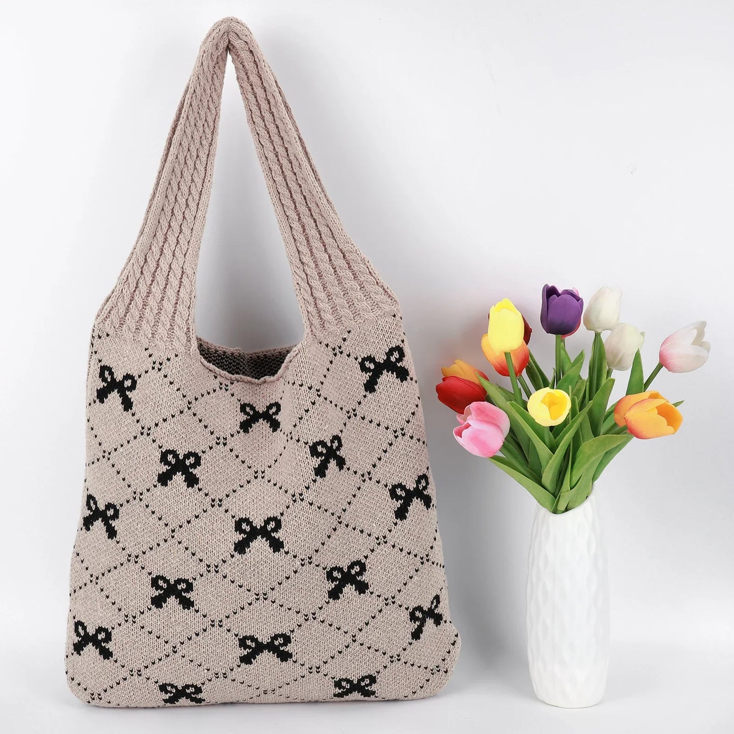 Charming Bow Knit Crochet Tote Bag