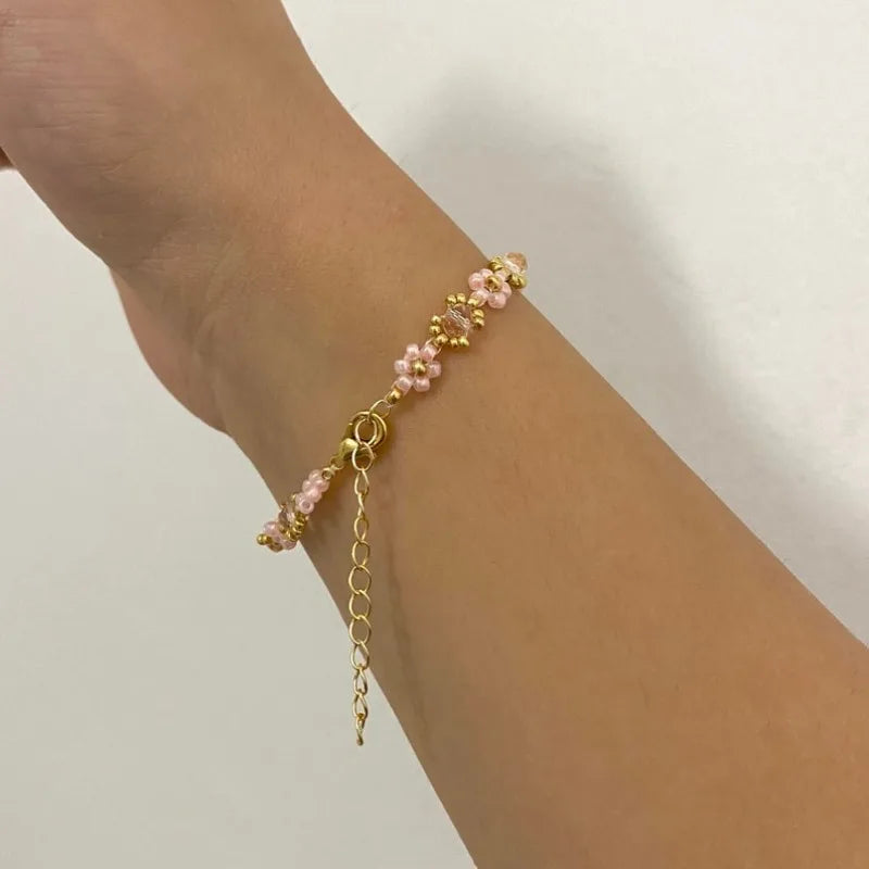 Coquette Pink Daisy Beaded Flower Bracelet