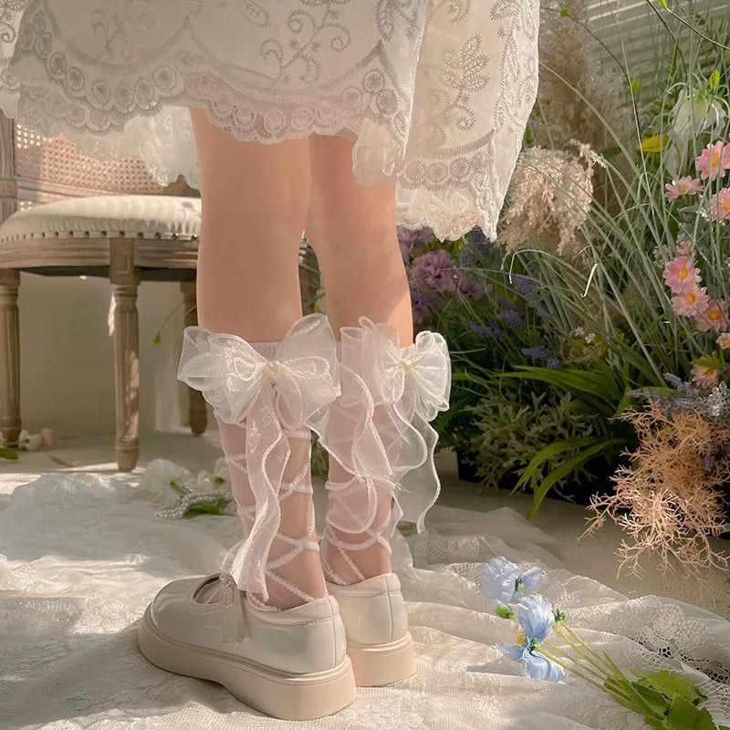 Coquette Sweet Lace Bow Ribbon Calf Socks