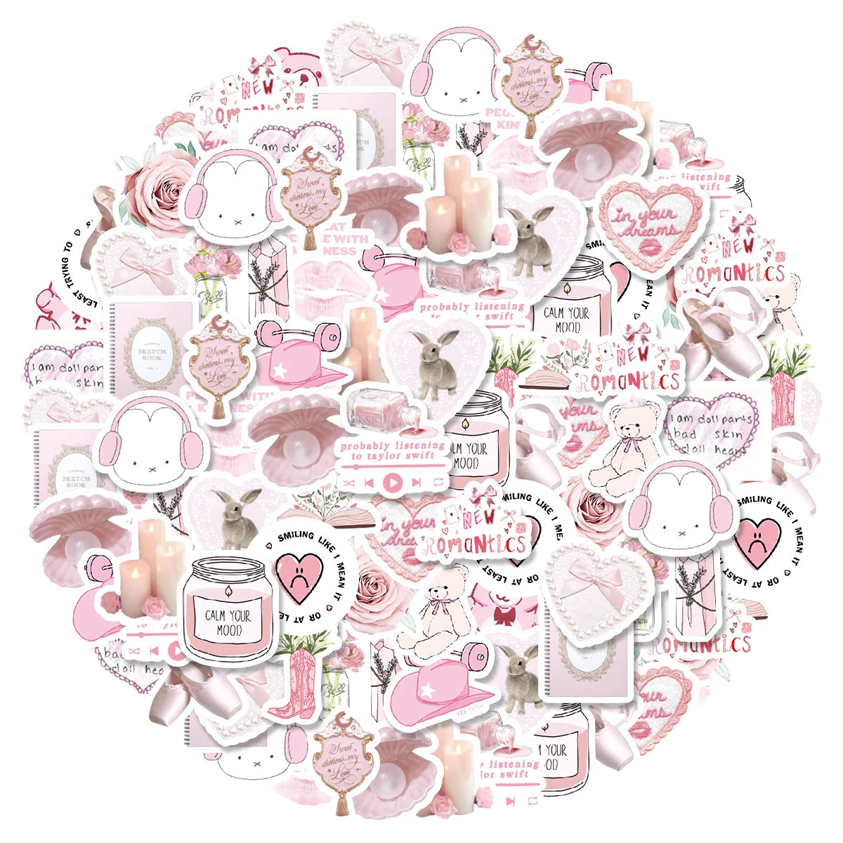 Coquette Cute Bunny & Bear Pink Graffiti Stickers