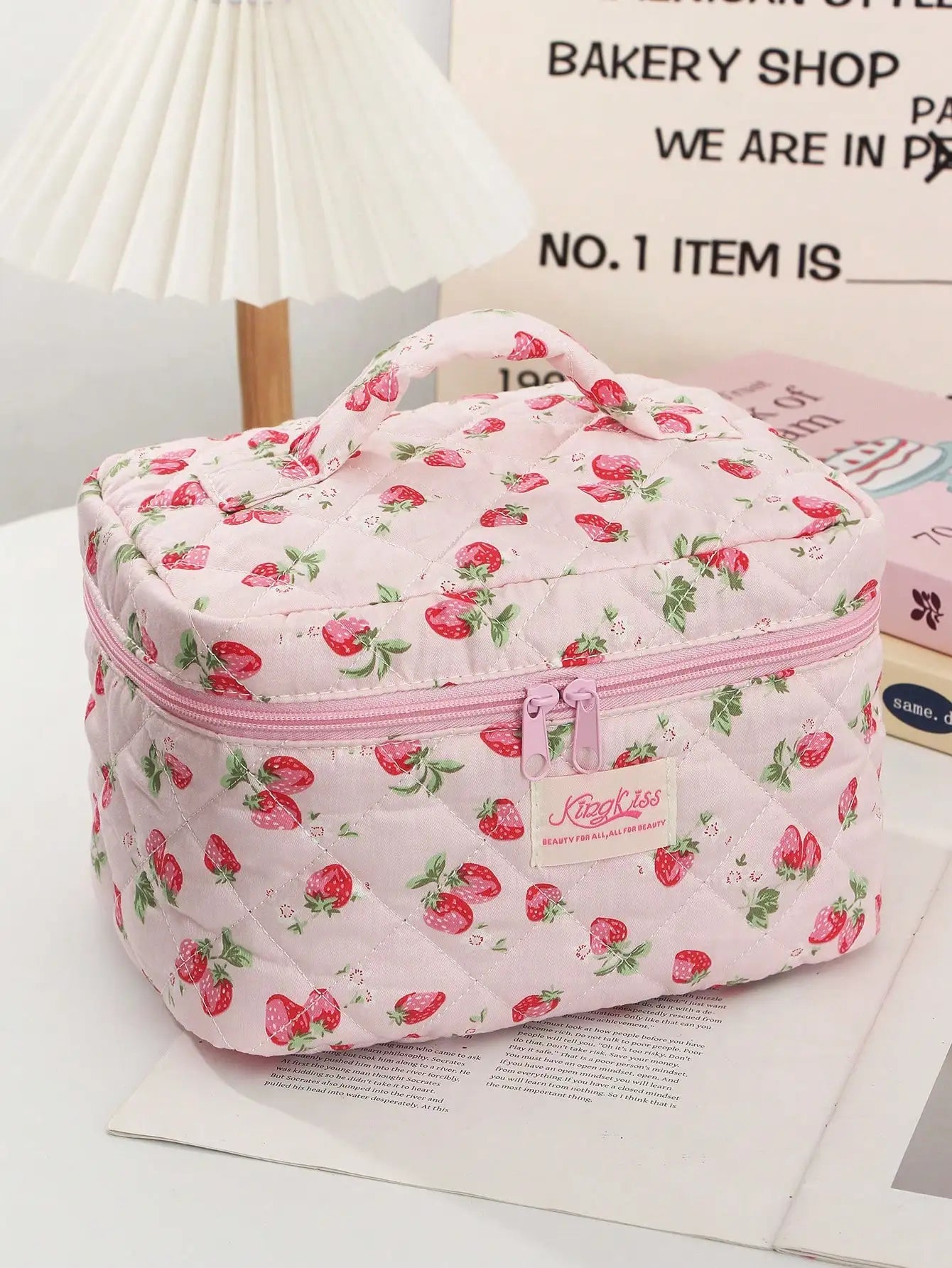 Coquette Pink Strawberry Quilted Makeup Bag