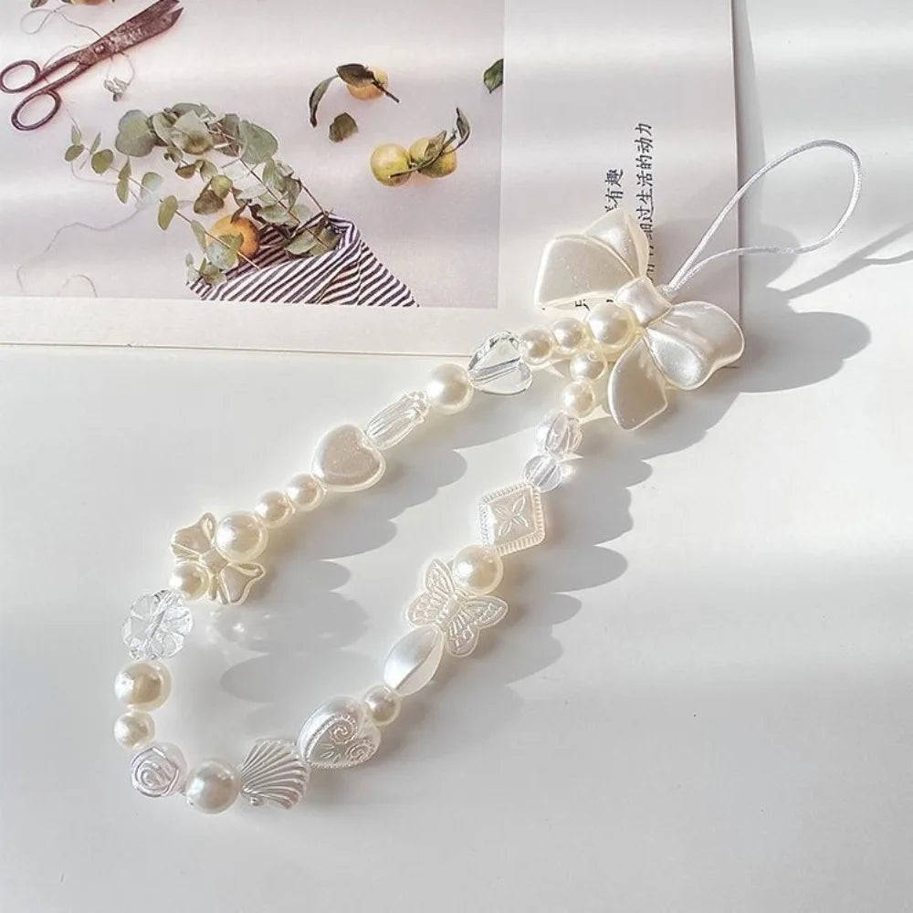 Coquette Sweet White Bow Beaded Phone Charm Lanyard