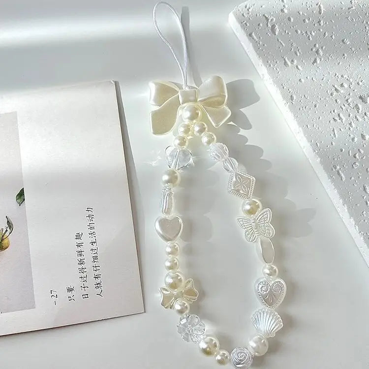 Coquette Sweet White Bow Beaded Phone Charm Lanyard
