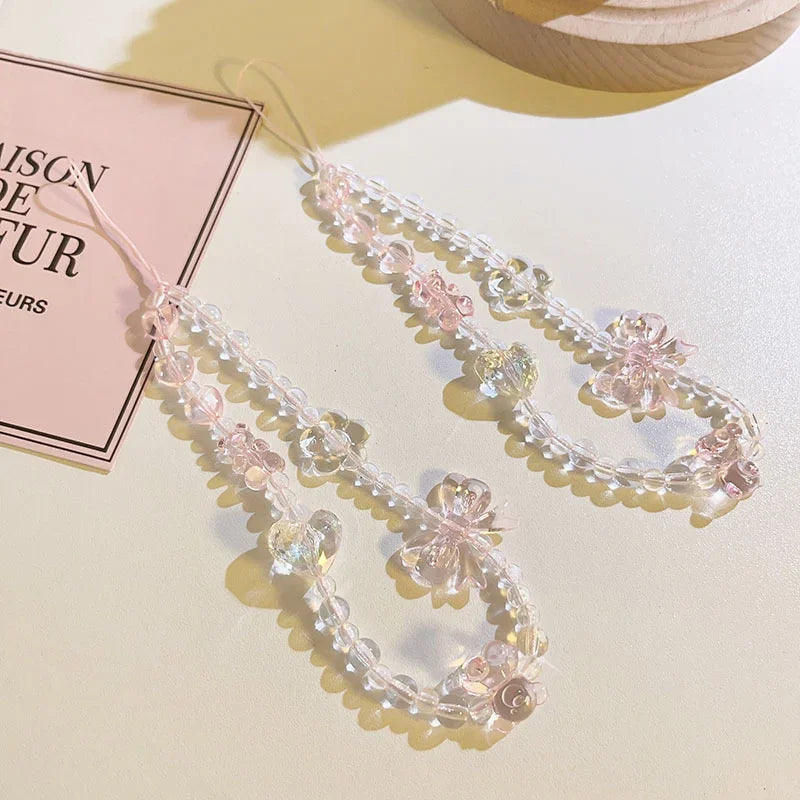 Coquette Pink Floral Charm Beaded Phone Strap Set