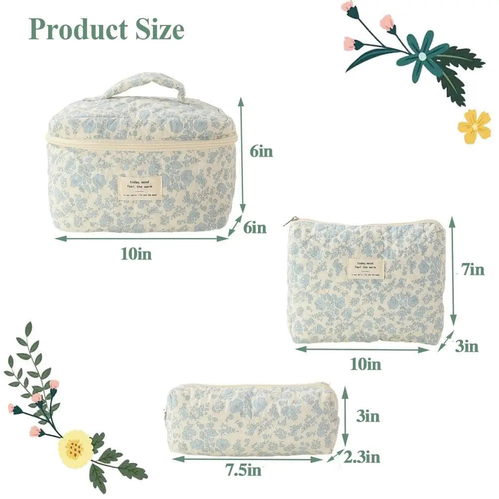 Cute Quilted Cotton Makeup Bag - Portable Zipper Cosmetic Organizer for Women and Girls