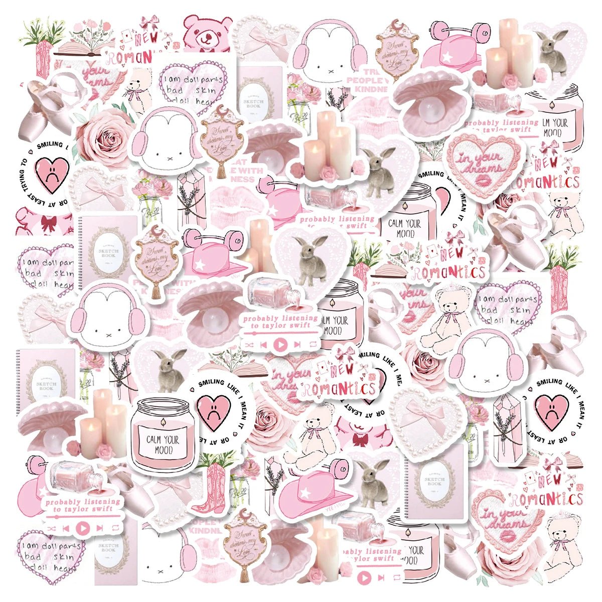 Coquette Cute Bunny & Bear Pink Graffiti Stickers
