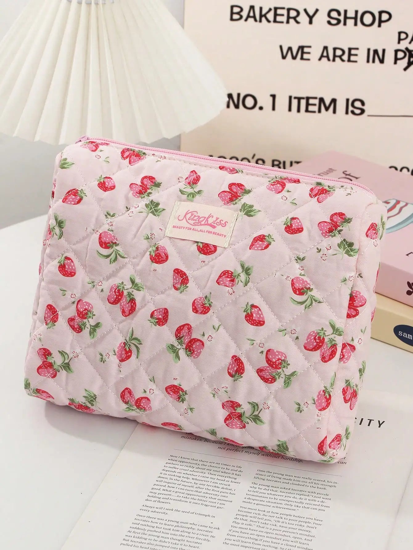Coquette Pink Strawberry Quilted Makeup Bag