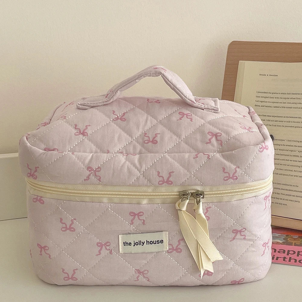 Coquette Pink Bowknot Quilted Cosmetic Bag