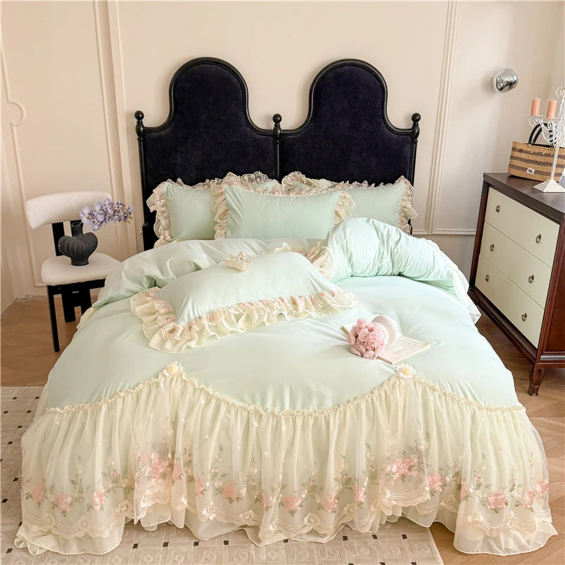 Coquette Dreamy Princess Lace Floral Embroidery Bedding Set