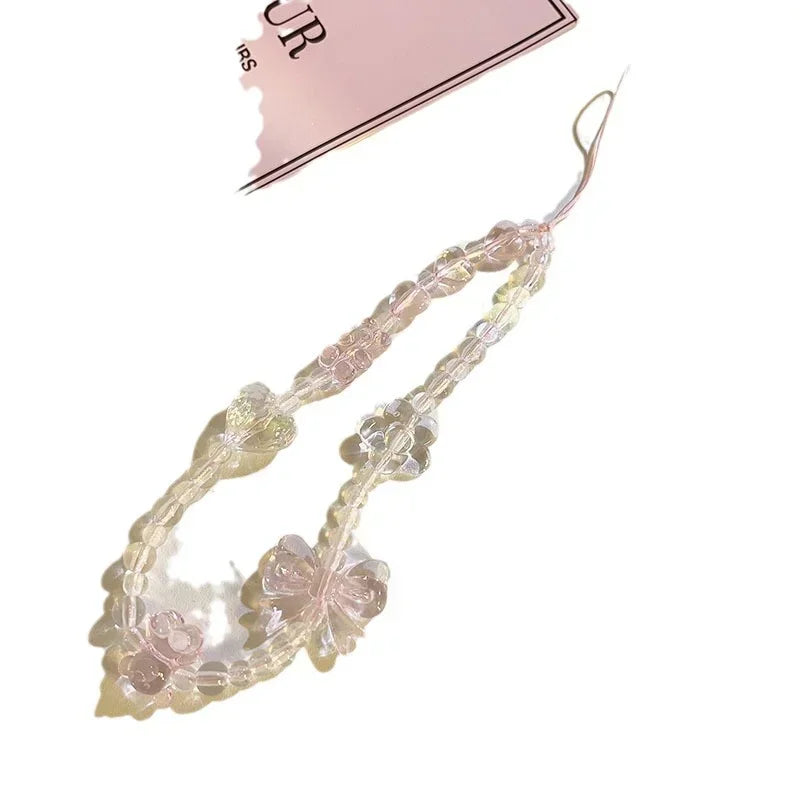 Coquette Pink Floral Charm Beaded Phone Strap Set