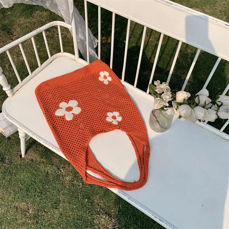 Sweet Flower Knitted Tote Bag