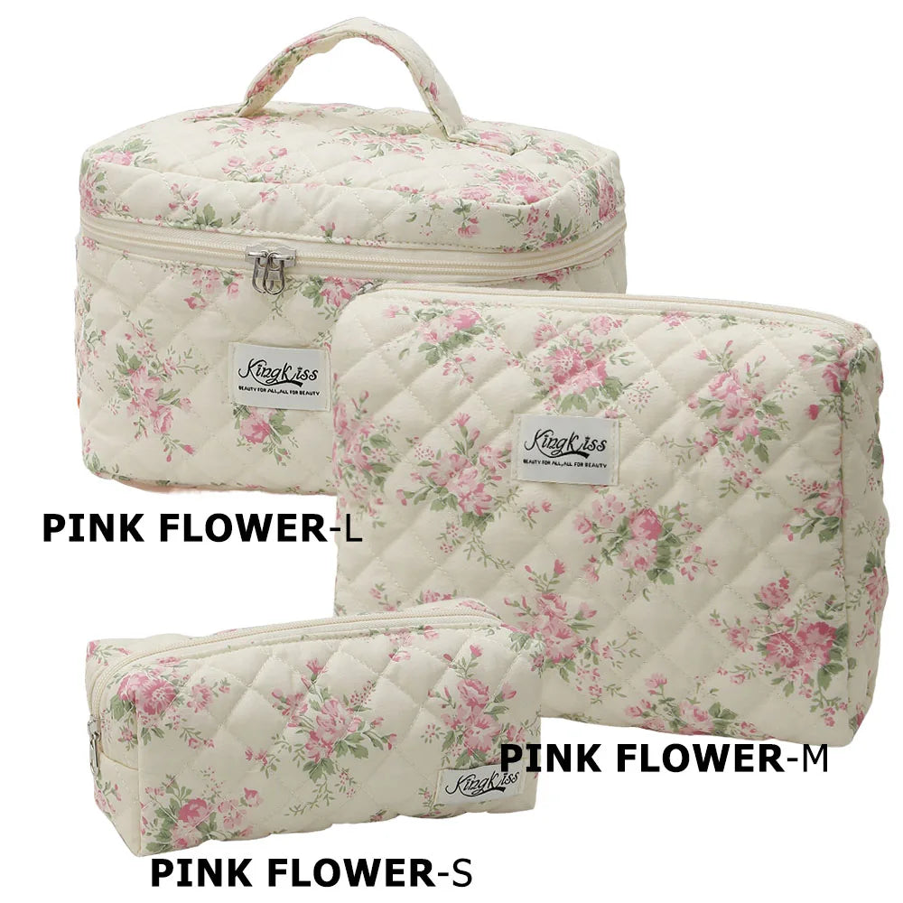 Cute Quilted Cotton Makeup Bag - Portable Zipper Cosmetic Organizer for Women and Girls