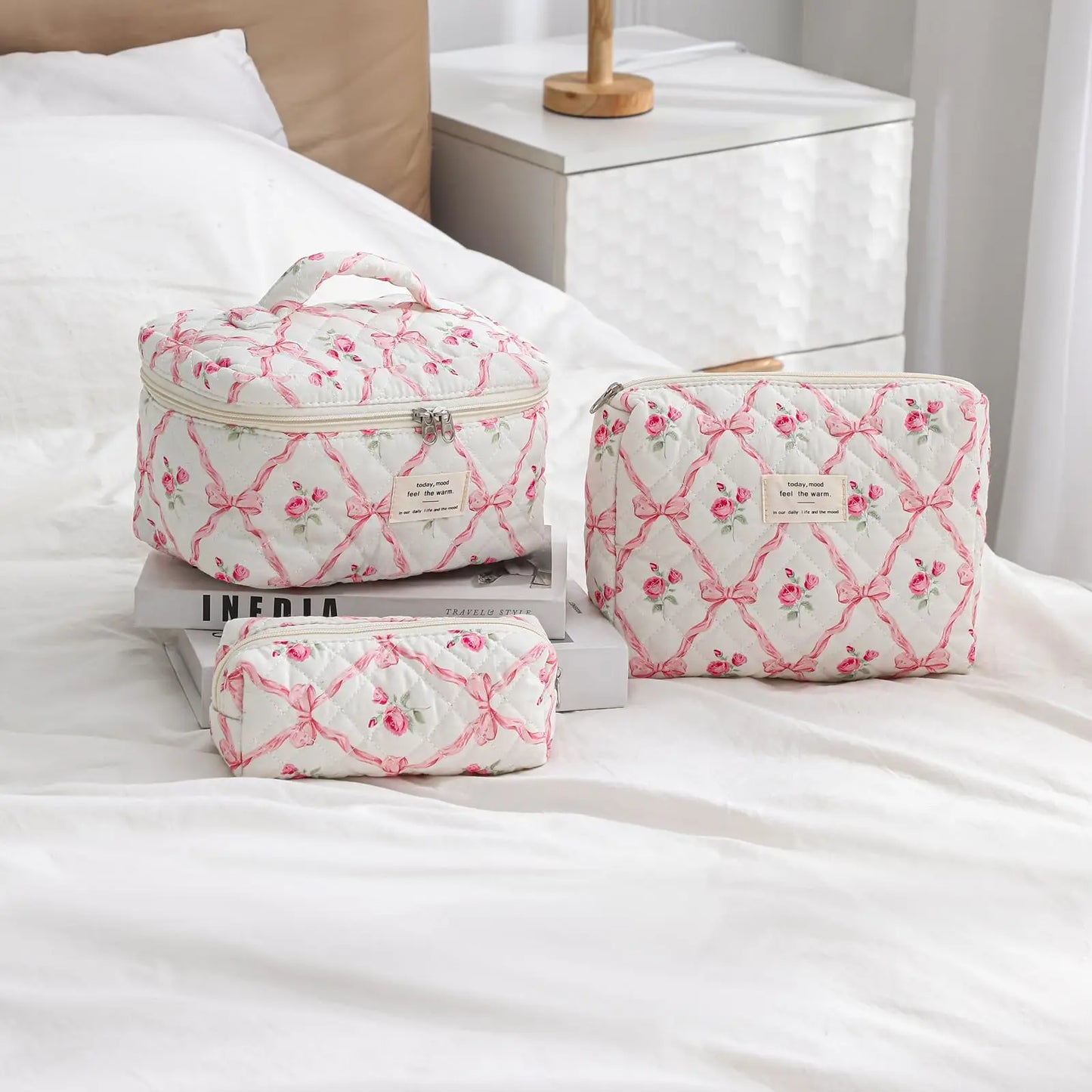 Cute Quilted Cotton Makeup Bag - Portable Zipper Cosmetic Organizer for Women and Girls