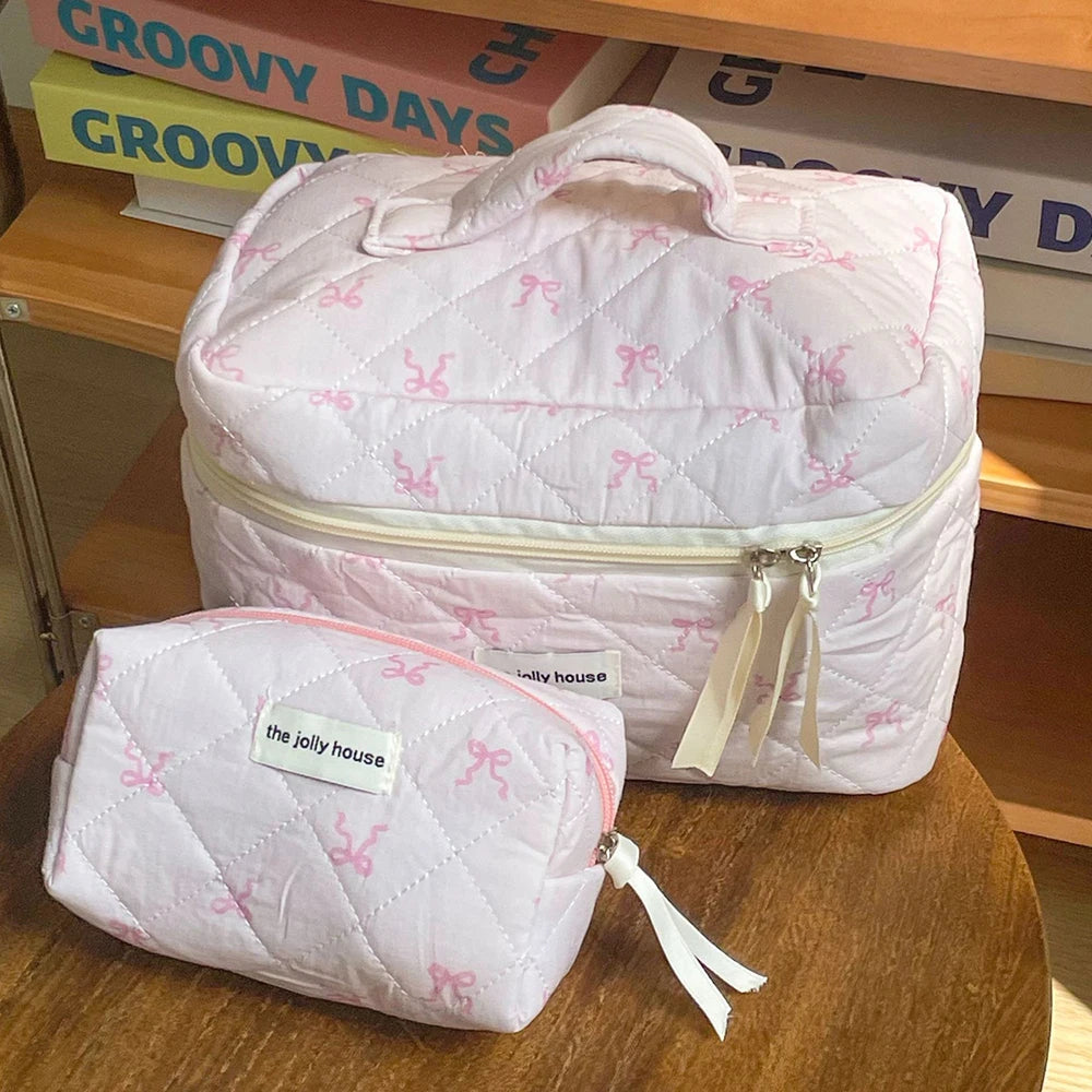 Coquette Pink Bowknot Quilted Cosmetic Bag