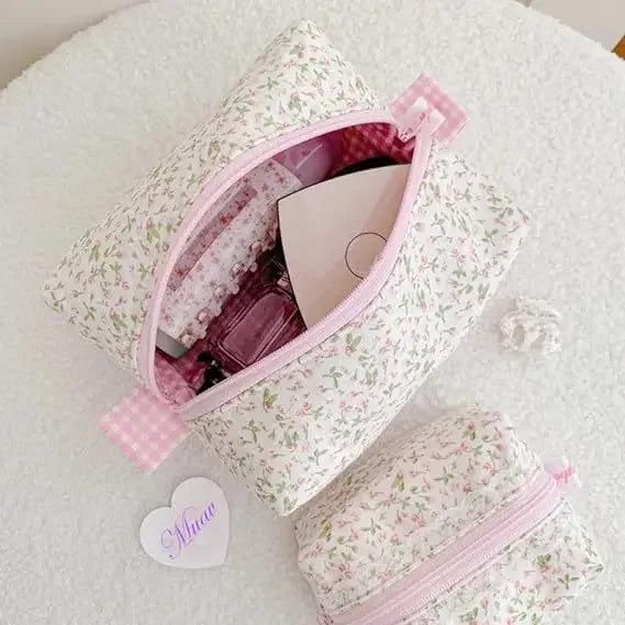 Coquette Floral Puffy Quilted Makeup Bag