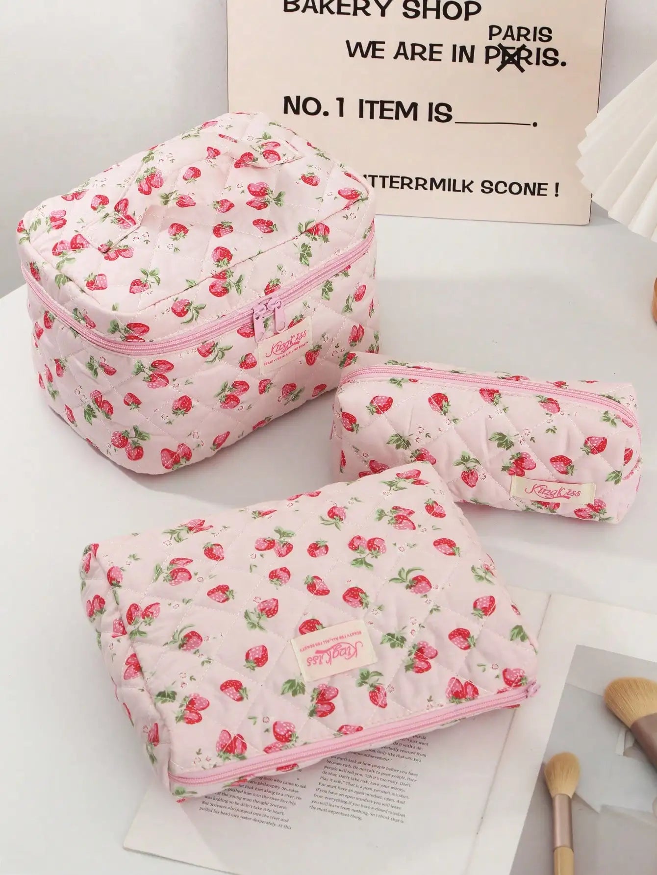 Coquette Pink Strawberry Quilted Makeup Bag