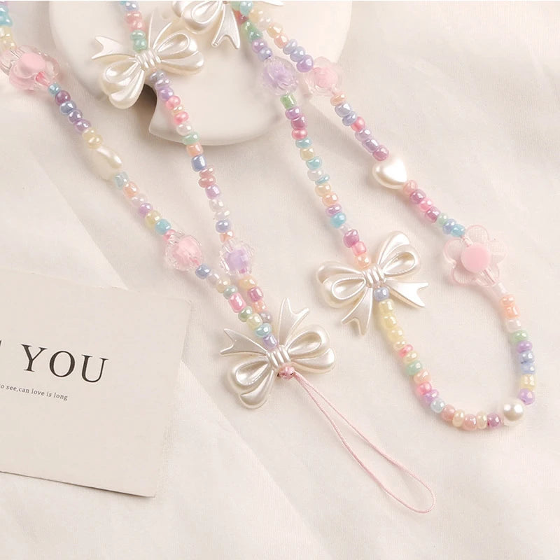 Coquette Cute Crystal Bowknot Pearl Beaded Phone Strap