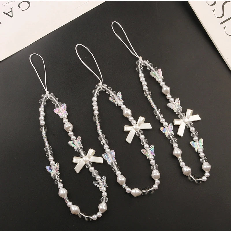 Coquette Cute Crystal Bowknot Pearl Beaded Phone Strap