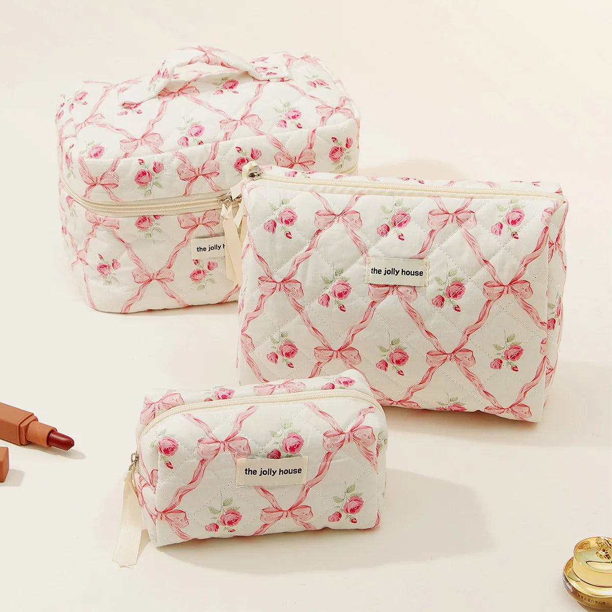 Cute Quilted Cotton Makeup Bag - Portable Zipper Cosmetic Organizer for Women and Girls
