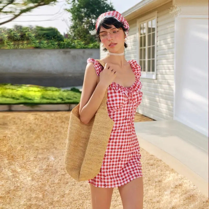 Sweet Plaid 3-Piece Swimsuit Set with Ruffle Trim