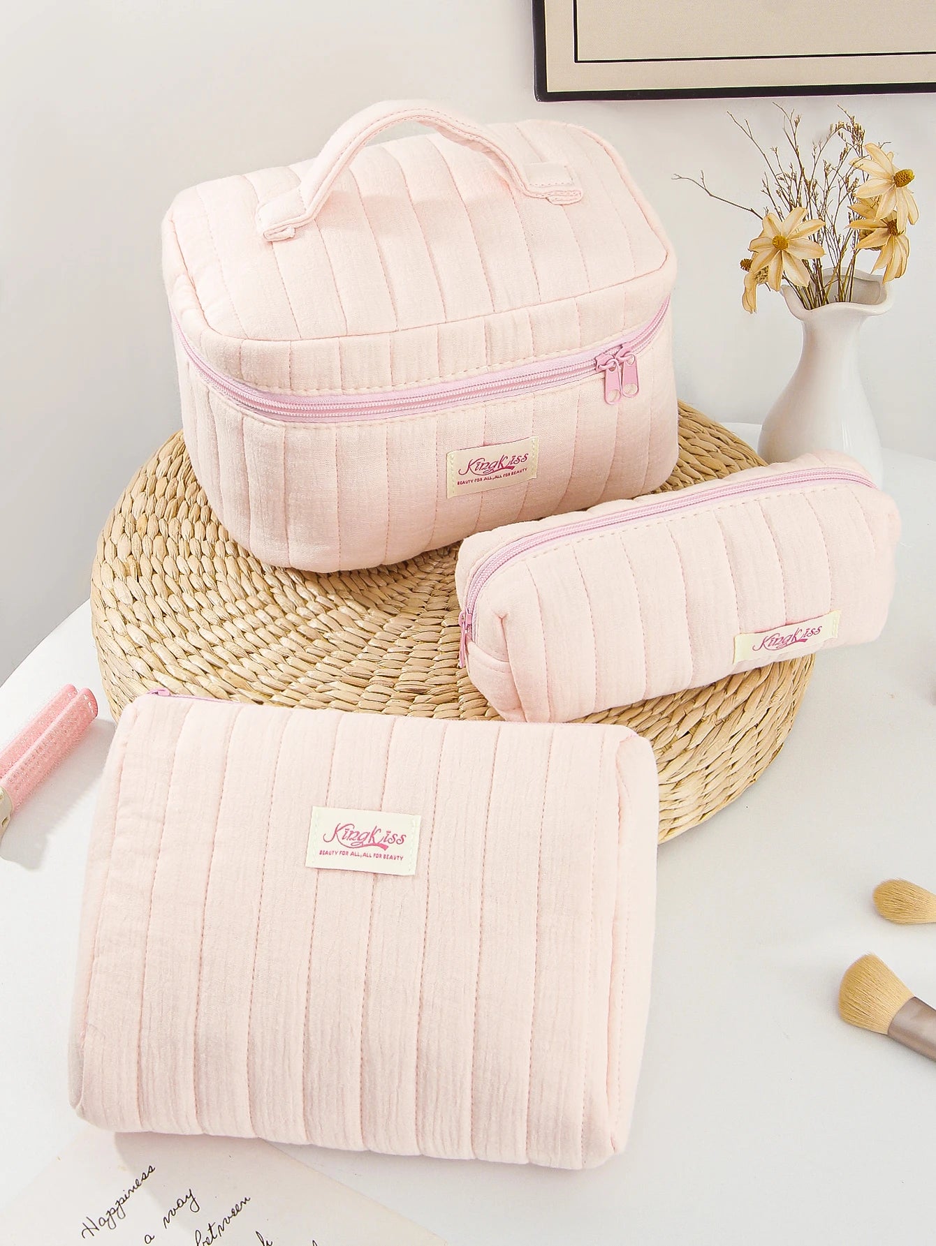 1pc/Set Pink Quilted Makeup Bag