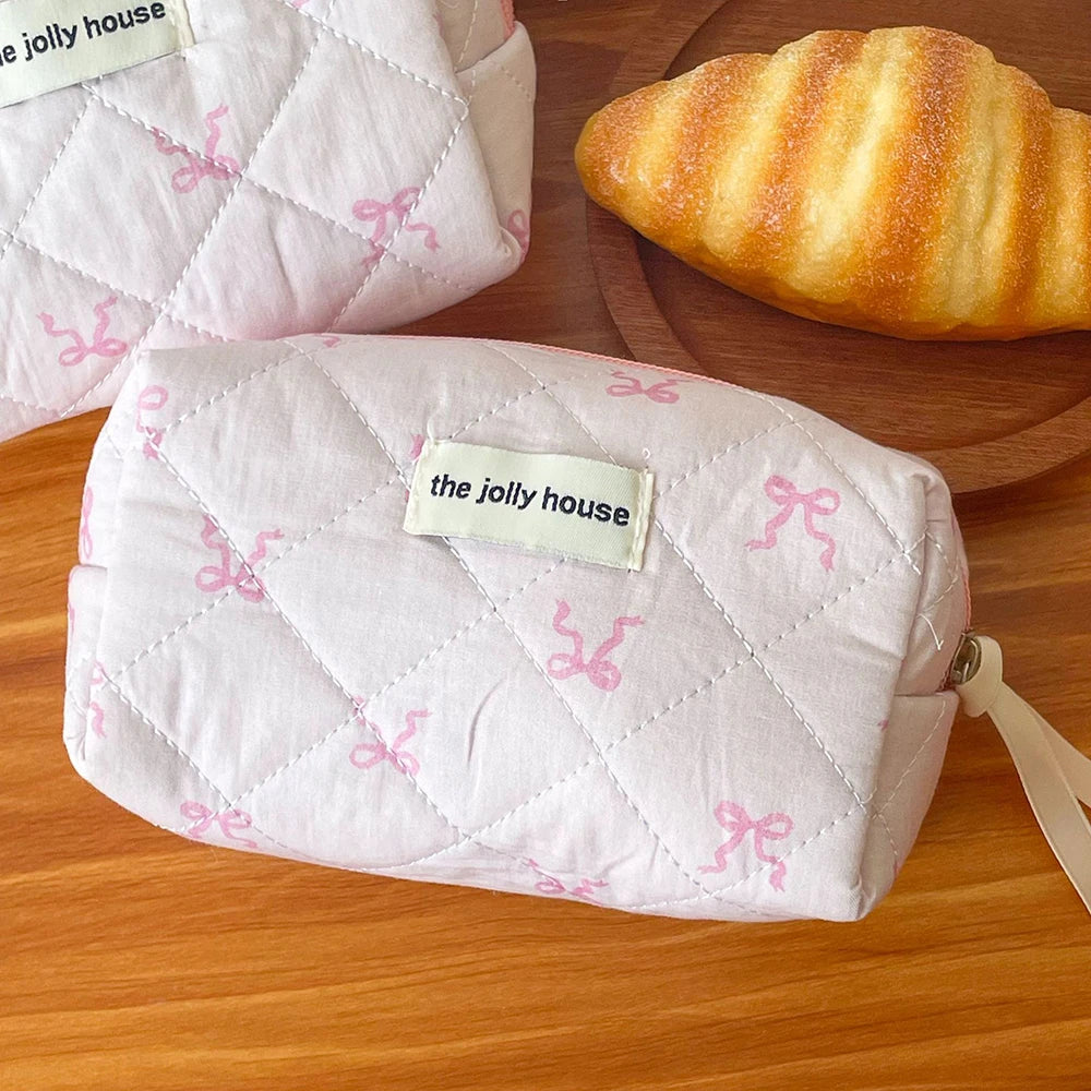 Coquette Pink Bowknot Quilted Cosmetic Bag