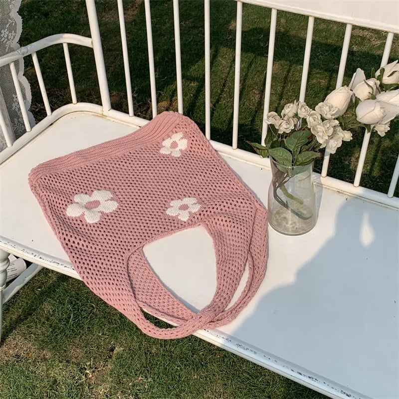 Sweet Flower Knitted Tote Bag
