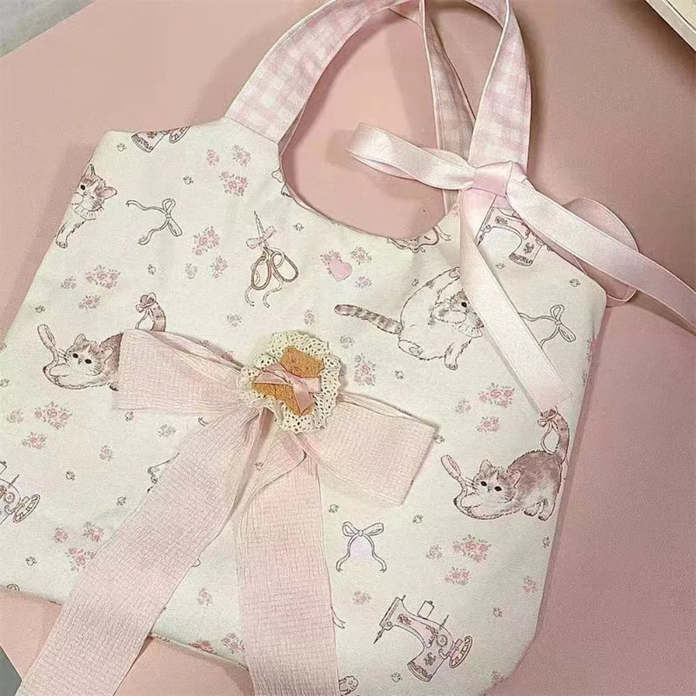 Charming Little Cat Print Canvas Tote Bag for Women