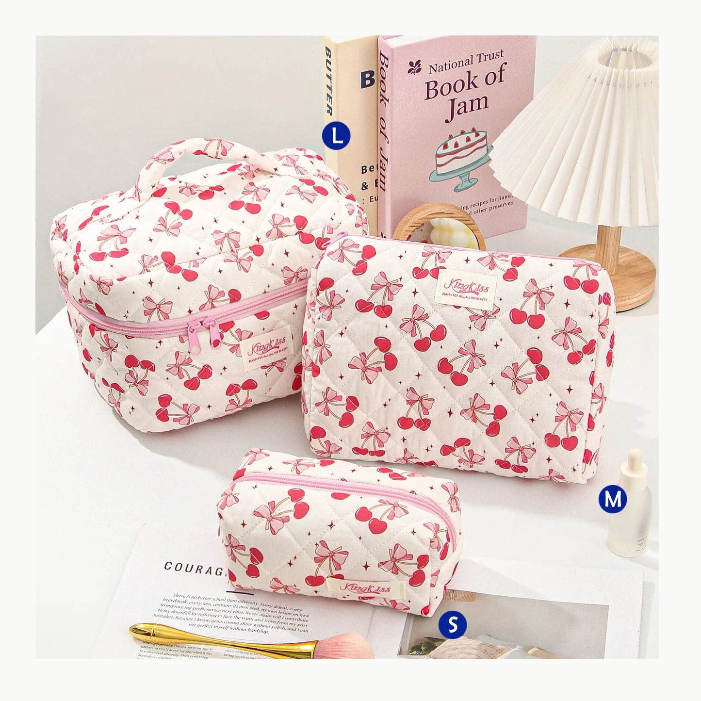 Cute Quilted Cotton Makeup Bag - Portable Zipper Cosmetic Organizer for Women and Girls