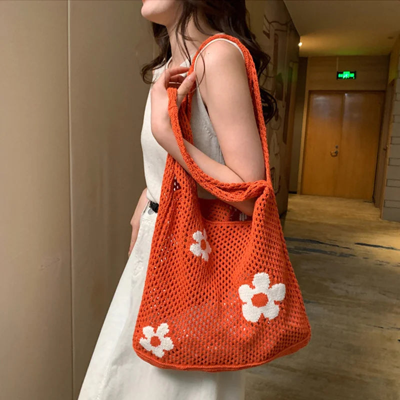 Sweet Flower Knitted Tote Bag