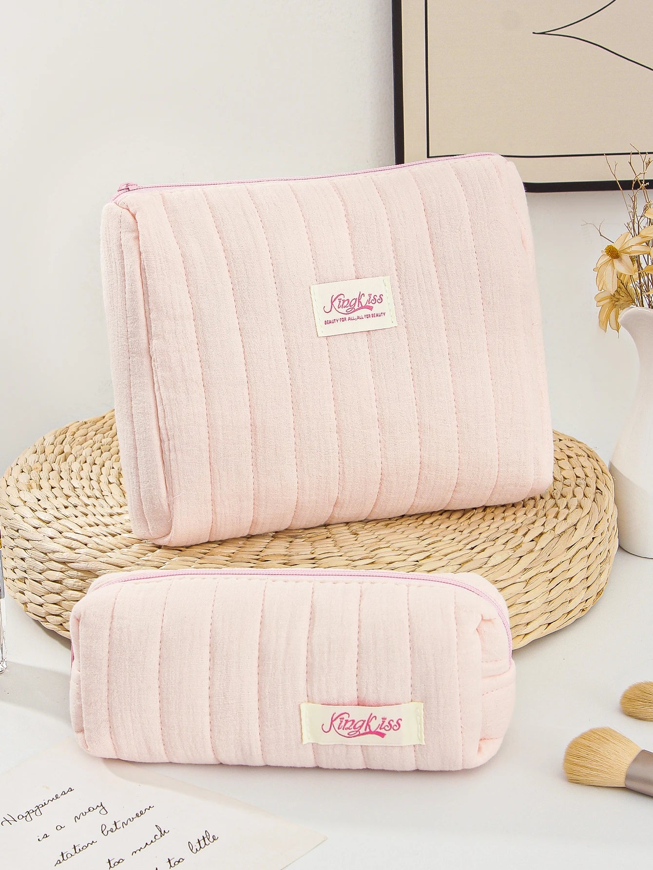 1pc/Set Pink Quilted Makeup Bag