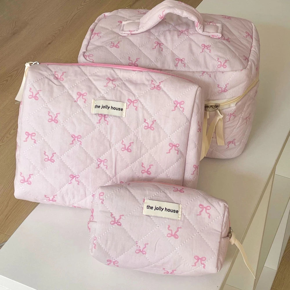 Coquette Pink Bowknot Quilted Cosmetic Bag