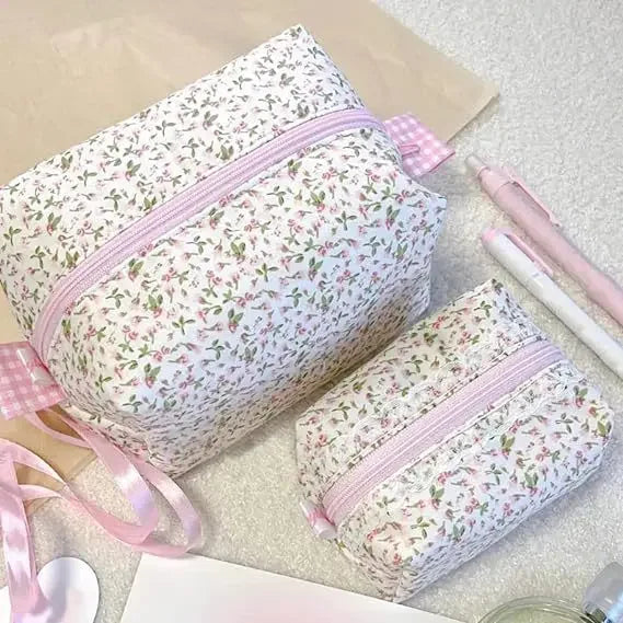 Coquette Floral Puffy Quilted Makeup Bag