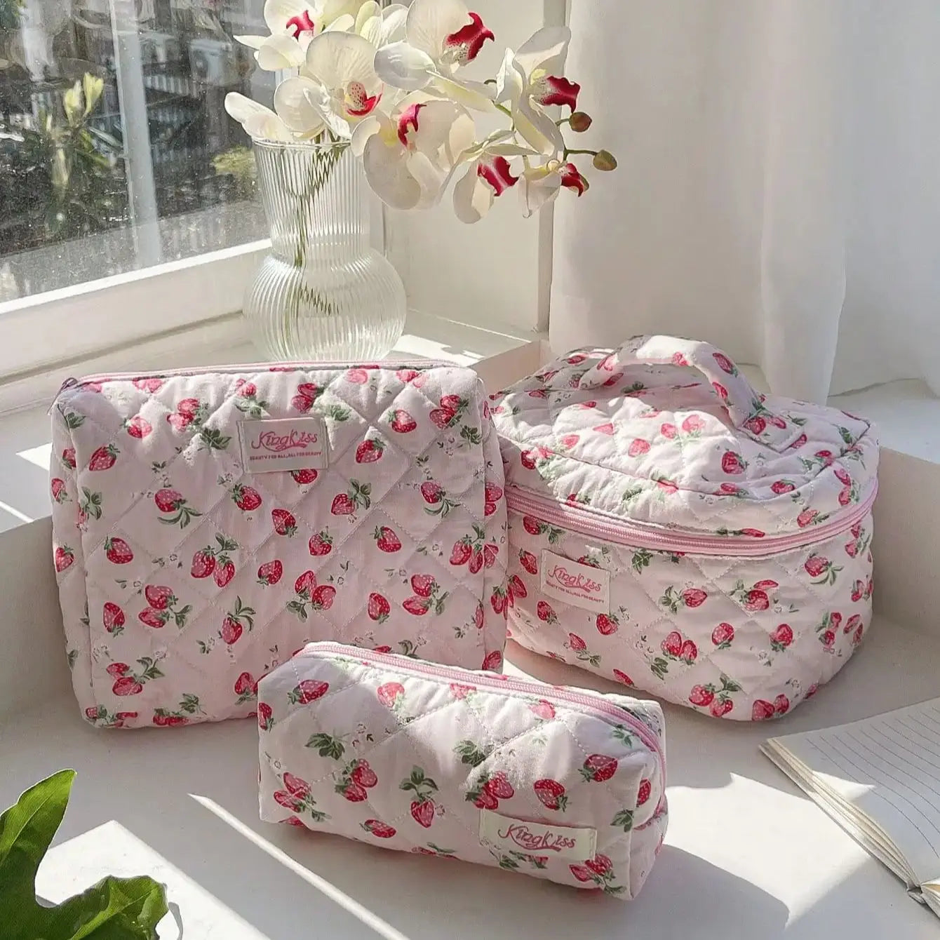 Coquette Pink Strawberry Quilted Makeup Bag