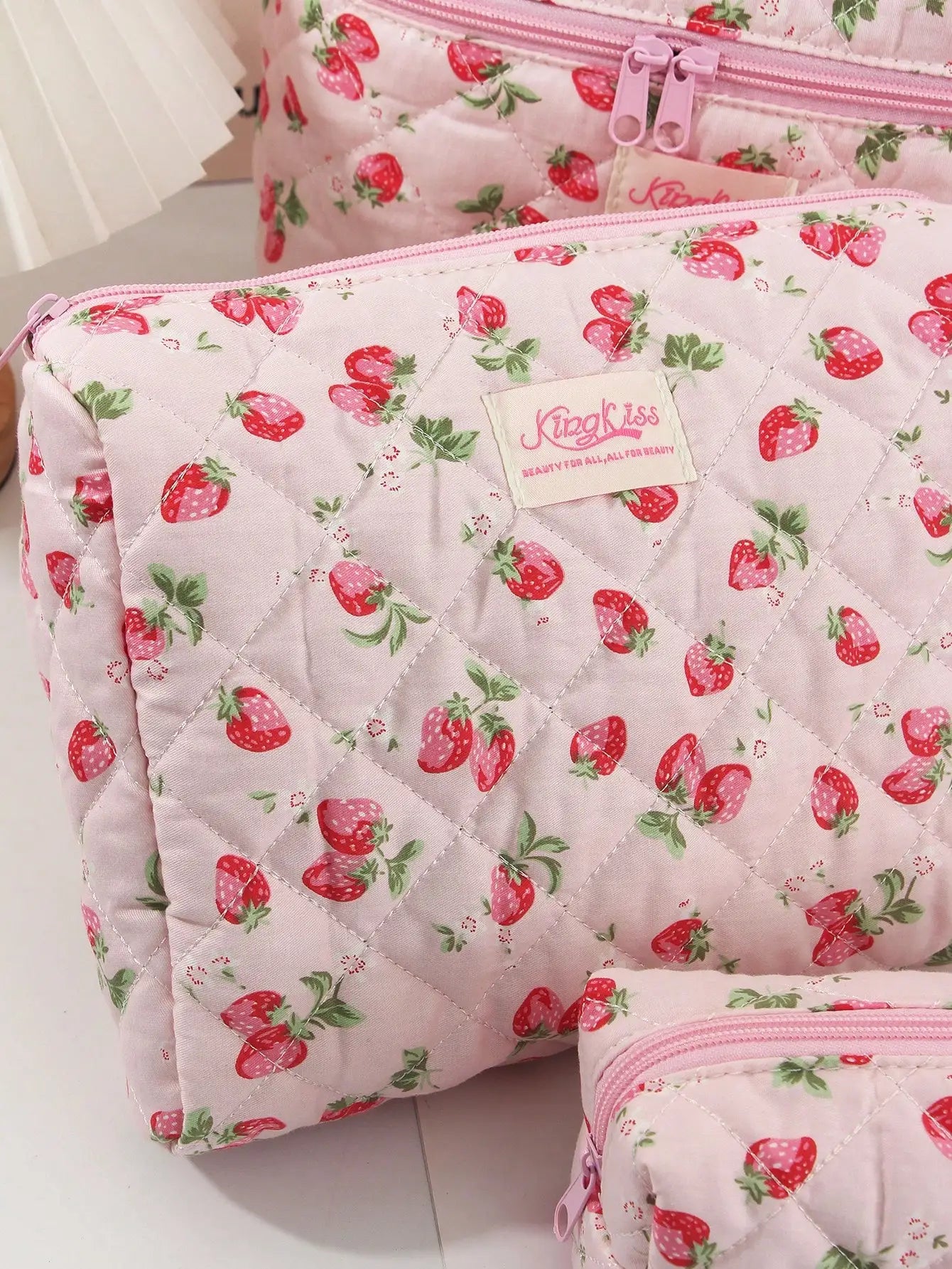 Coquette Pink Strawberry Quilted Makeup Bag