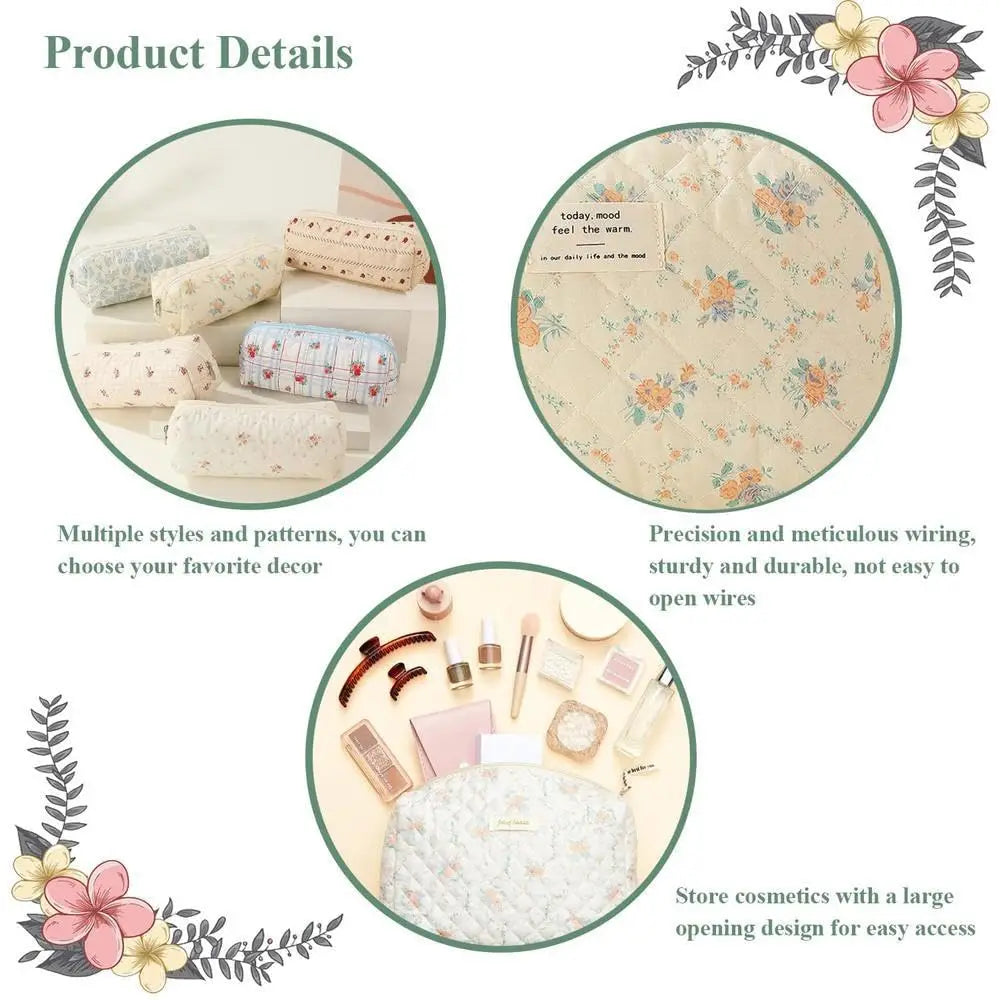Cute Quilted Cotton Makeup Bag - Portable Zipper Cosmetic Organizer for Women and Girls