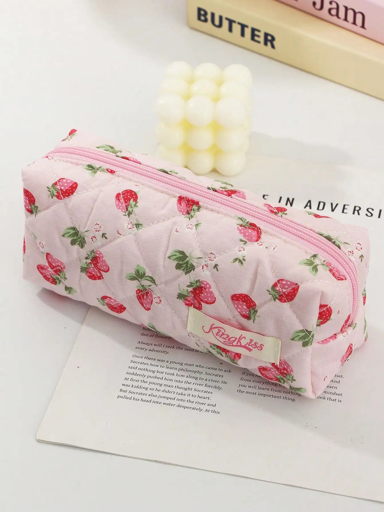 Coquette Pink Strawberry Quilted Makeup Bag