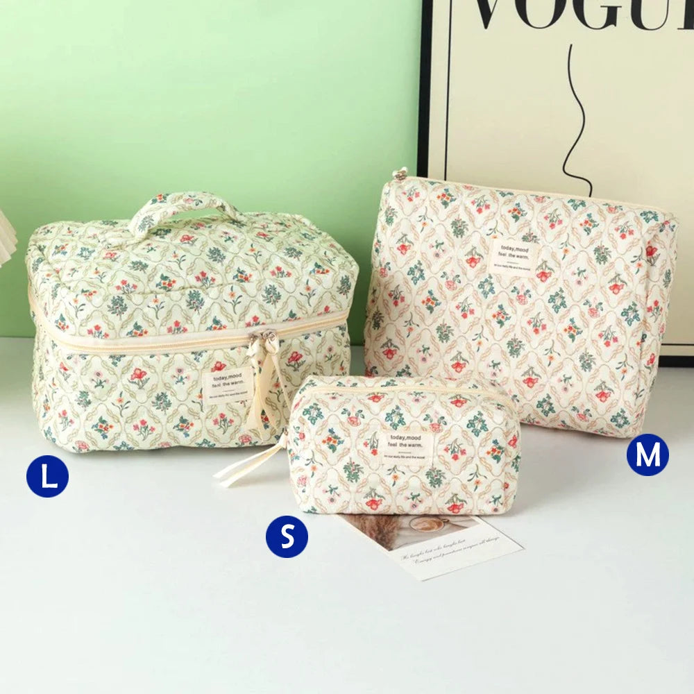 Cute Quilted Cotton Makeup Bag - Portable Zipper Cosmetic Organizer for Women and Girls