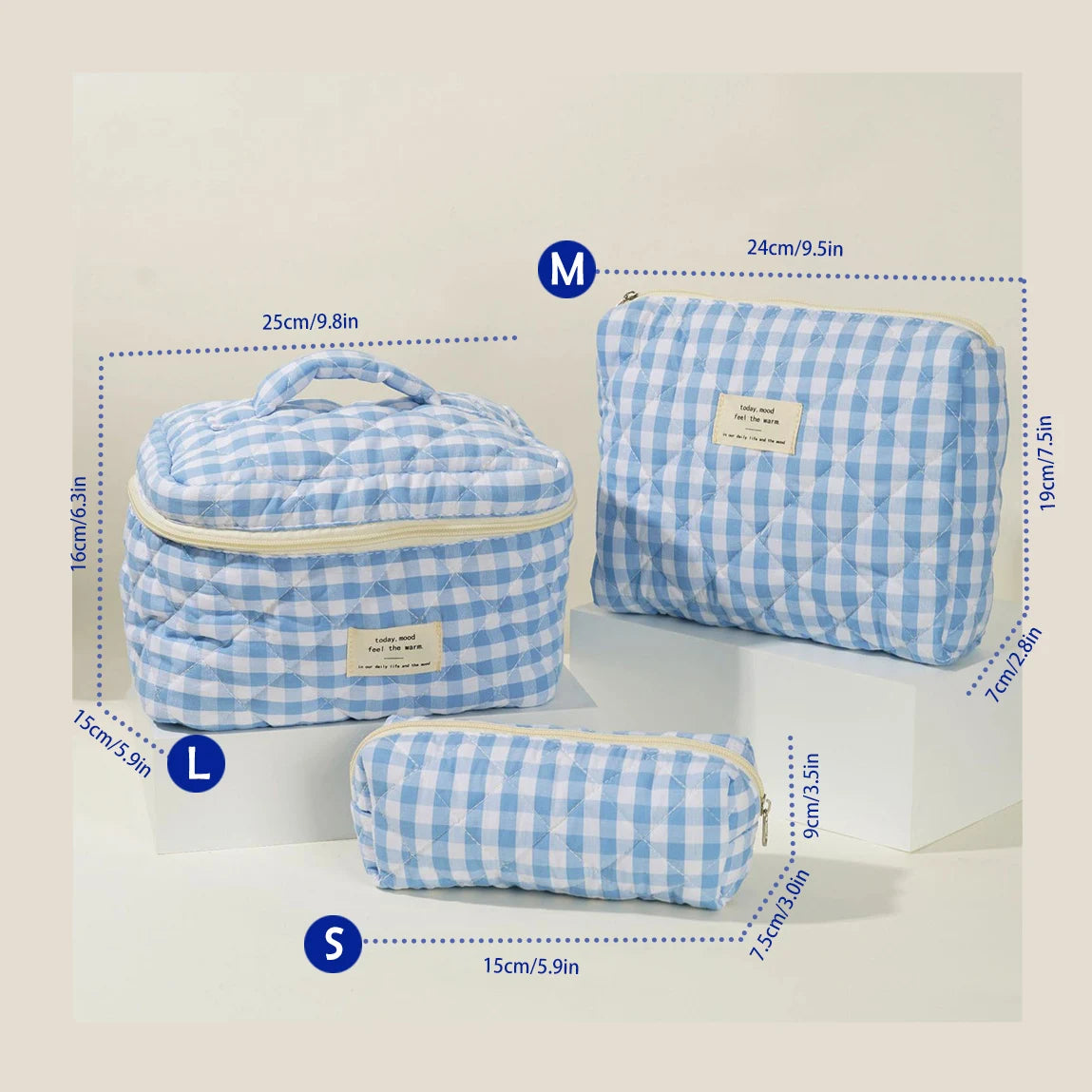 Cute Quilted Cotton Makeup Bag - Portable Zipper Cosmetic Organizer for Women and Girls