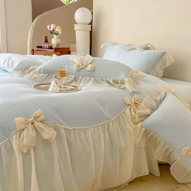 Coquette Blue Ruffle Lace Bow Bedding Set