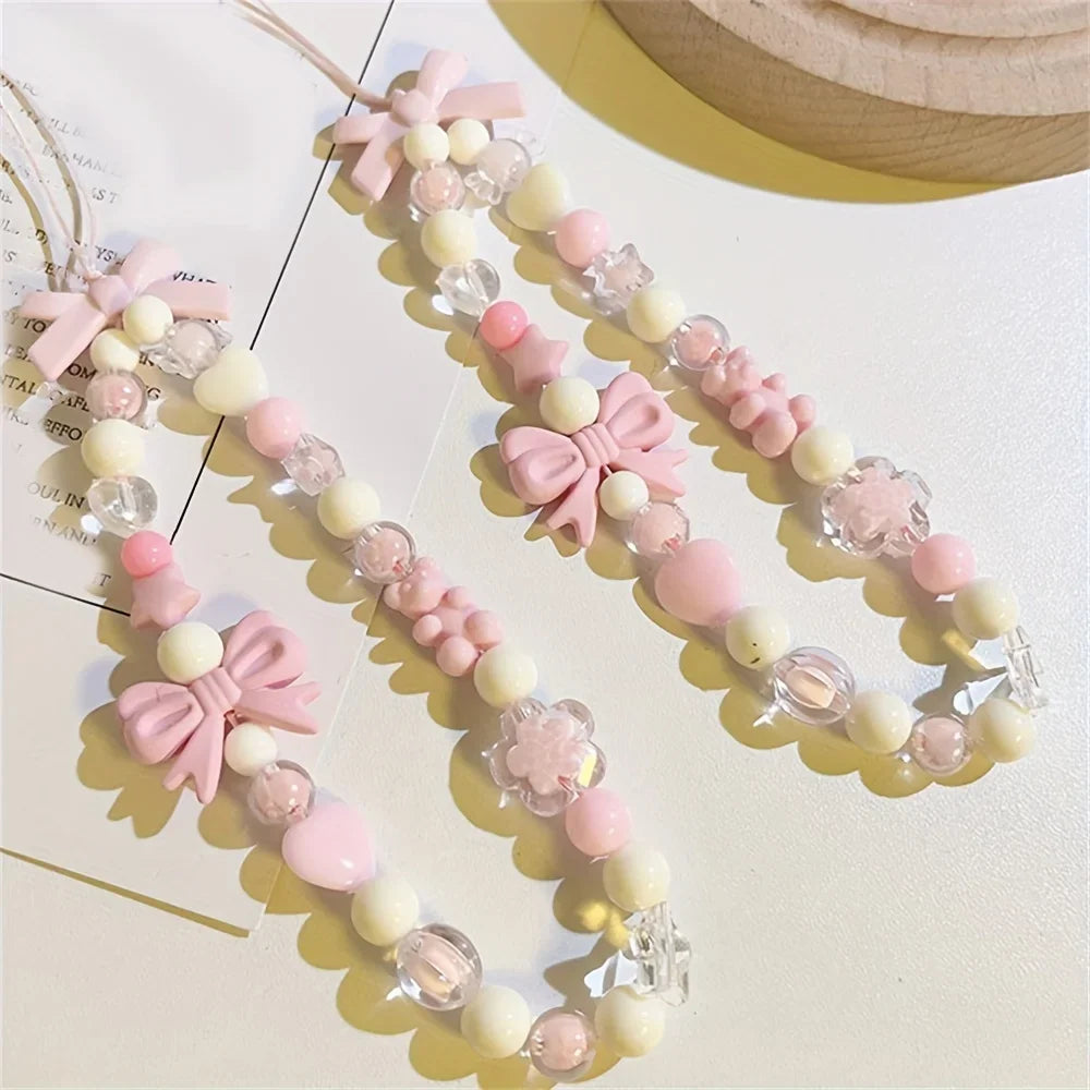 Coquette Pink Bowknot Beaded Phone Strap Set