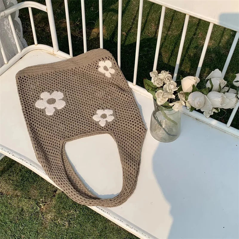 Sweet Flower Knitted Tote Bag
