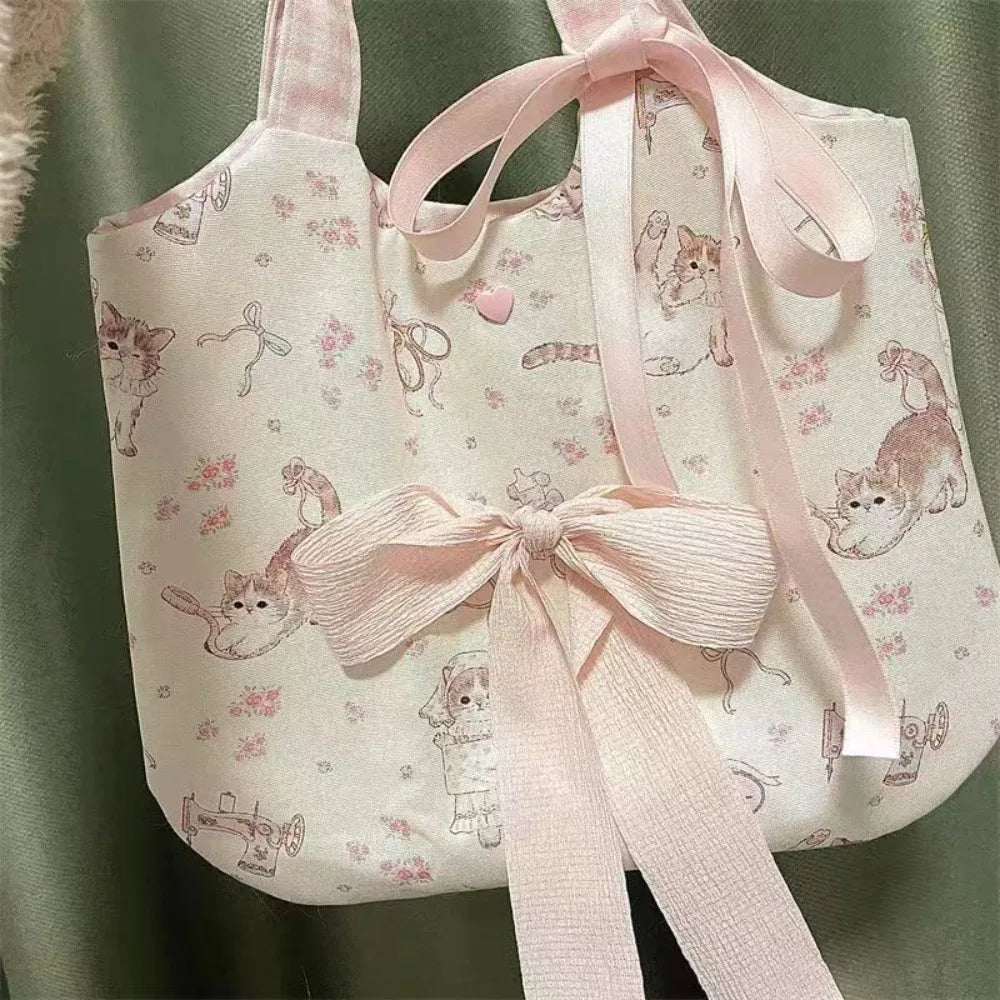 Charming Little Cat Print Canvas Tote Bag for Women