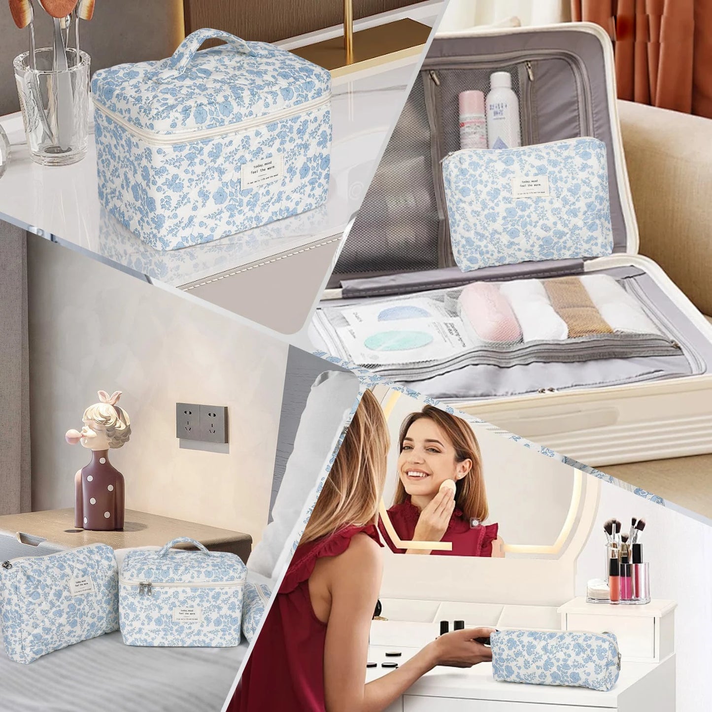 Cute Quilted Cotton Makeup Bag - Portable Zipper Cosmetic Organizer for Women and Girls