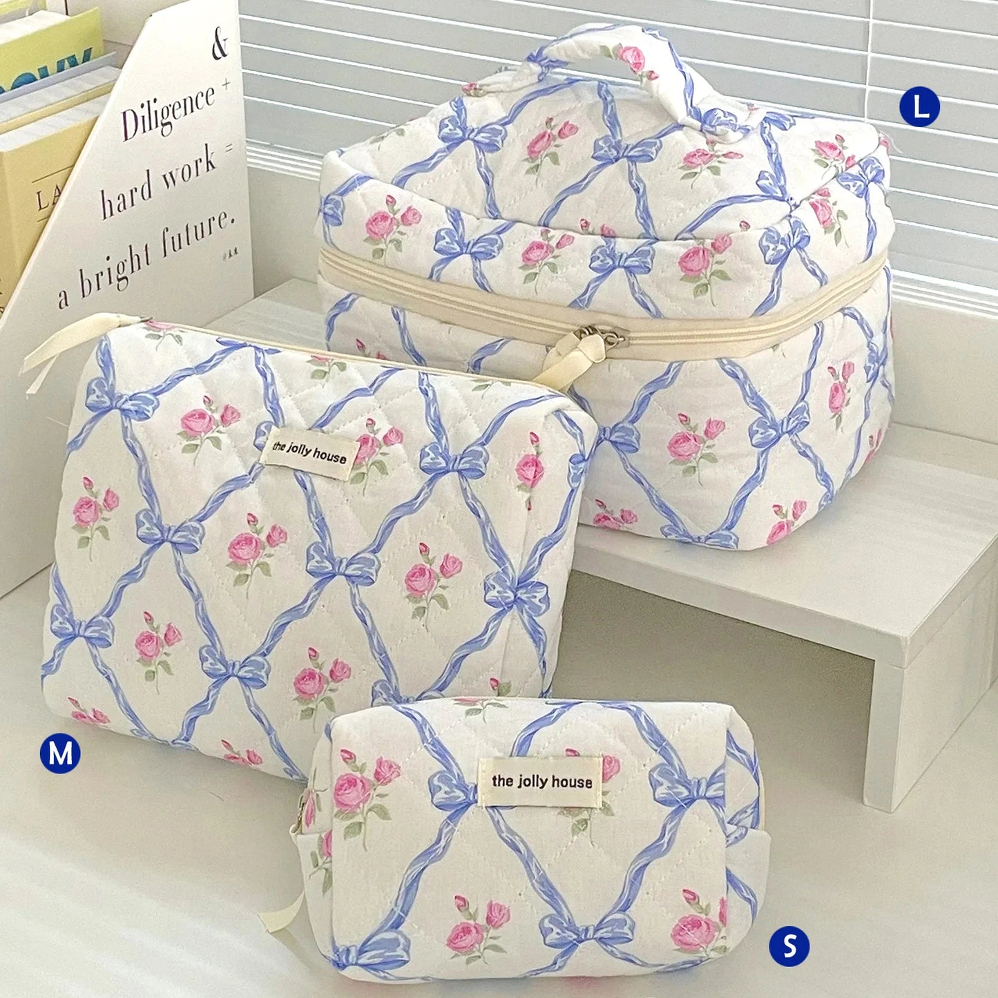 Cute Quilted Cotton Makeup Bag - Portable Zipper Cosmetic Organizer for Women and Girls
