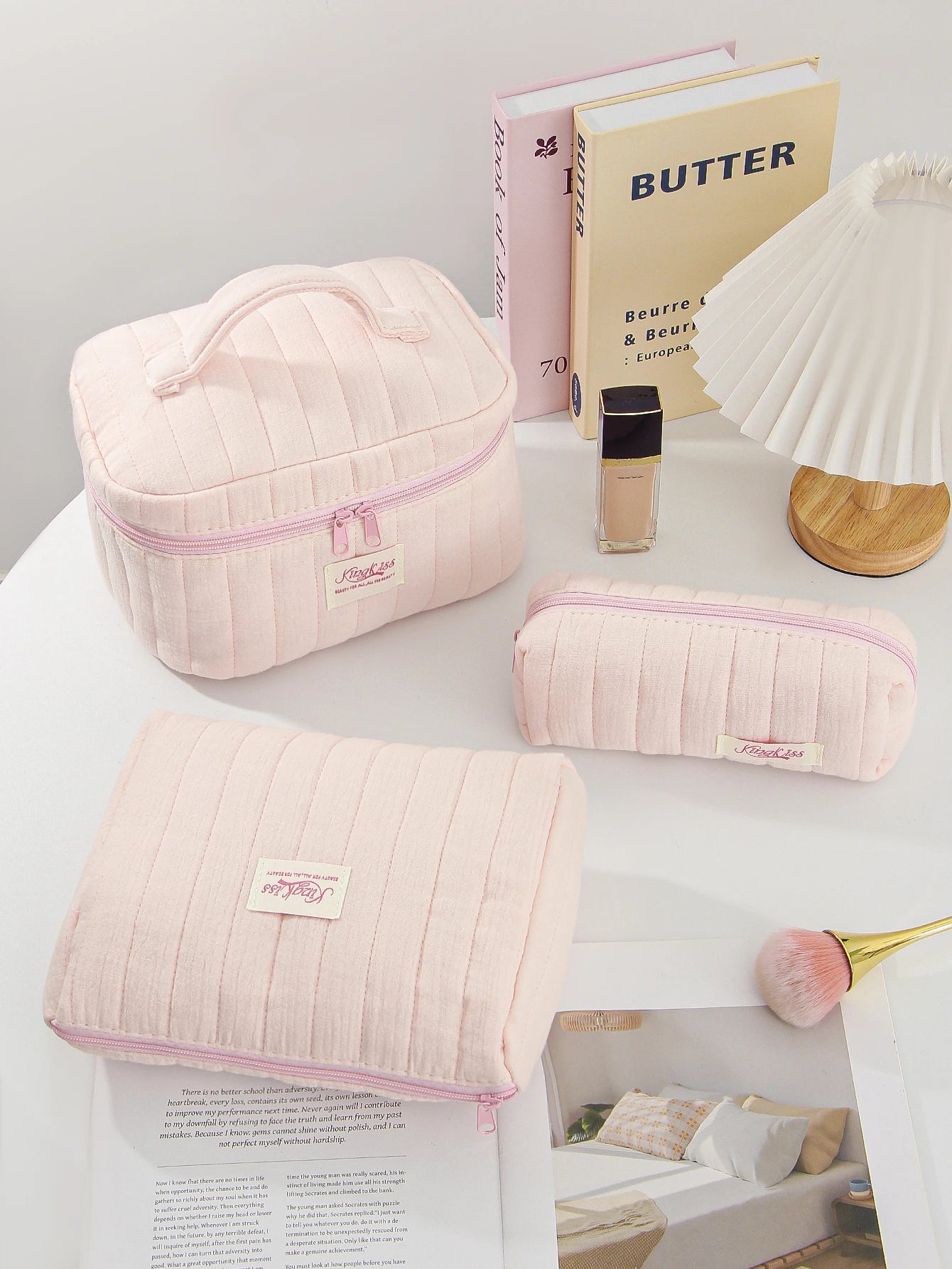 1pc/Set Pink Quilted Makeup Bag