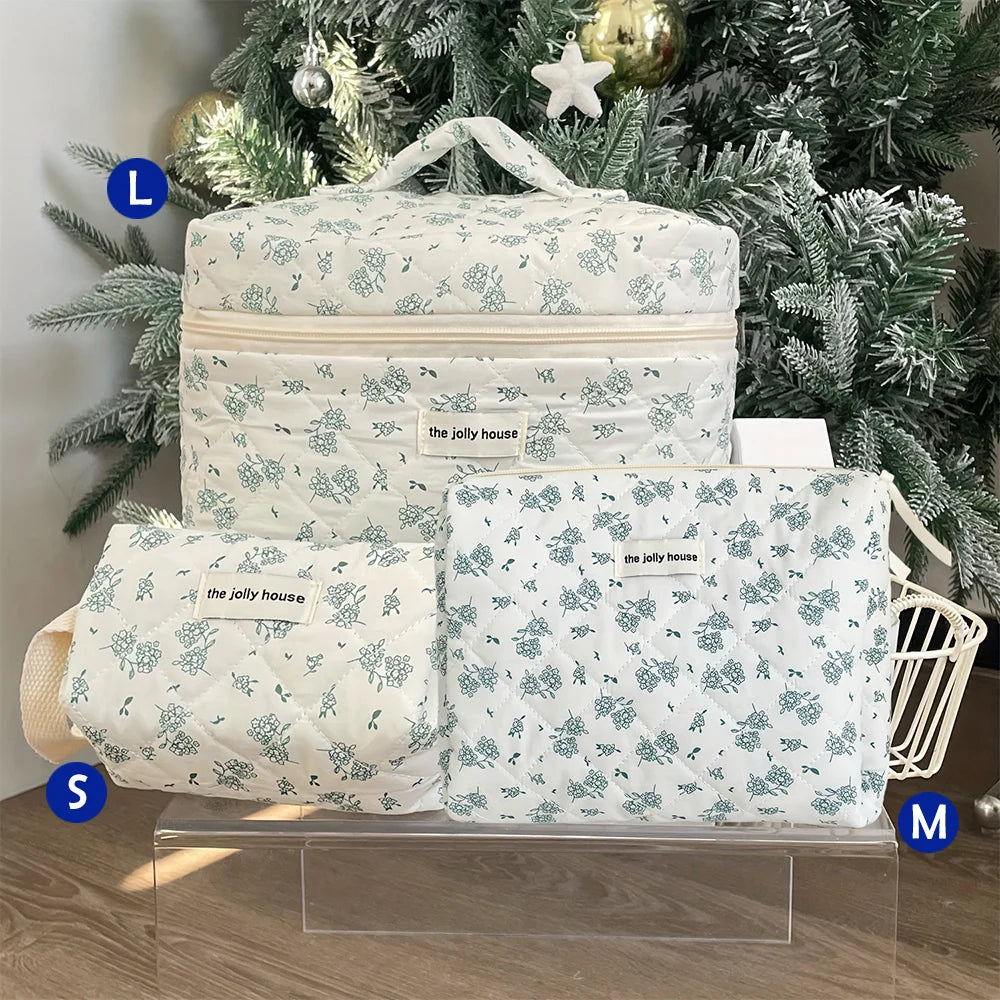 Cute Quilted Cotton Makeup Bag - Portable Zipper Cosmetic Organizer for Women and Girls