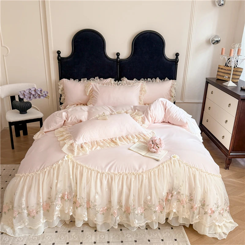 Coquette Dreamy Princess Lace Floral Embroidery Bedding Set